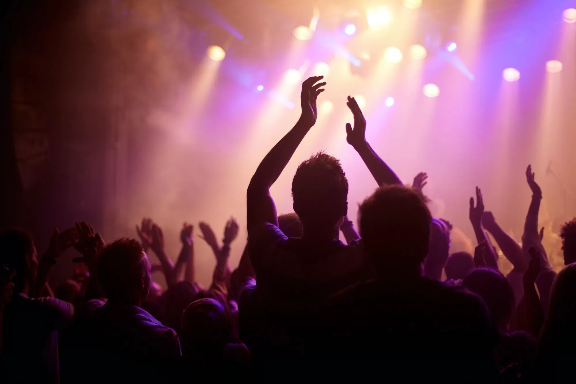 Rock on. Rear view of a music fan dancing with her arms raised at a music concert.